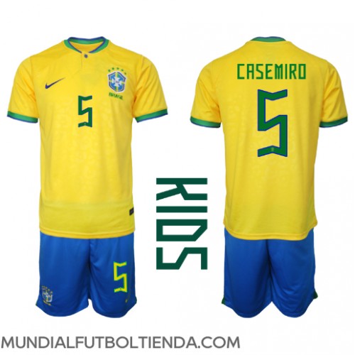 Camiseta Brasil Casemiro #5 Primera Equipación Replica Mundial 2022 para niños mangas cortas (+ Pantalones cortos)